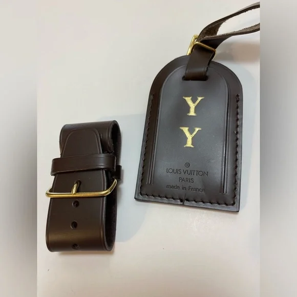 Louis Vuitton Brown Leather Bag Tag Set Monogram YY Luxury Travel Authentic - Picture 2 of 10